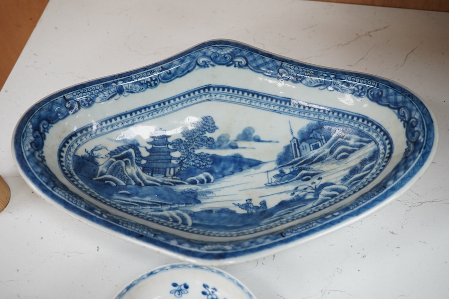 A group of 18th/19th century Chinese blue and white porcelain tea and dinner wares and an unusual Chinese soft paste porcelain famille rose saucer dish
